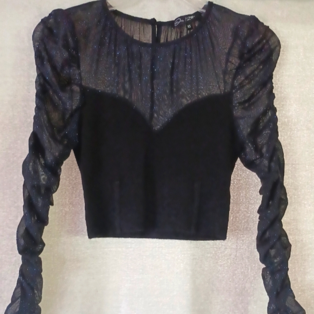 On 12th Women's Top Size XS Ribbed Knit Bustier Blue Glitter Mesh Crop NEW